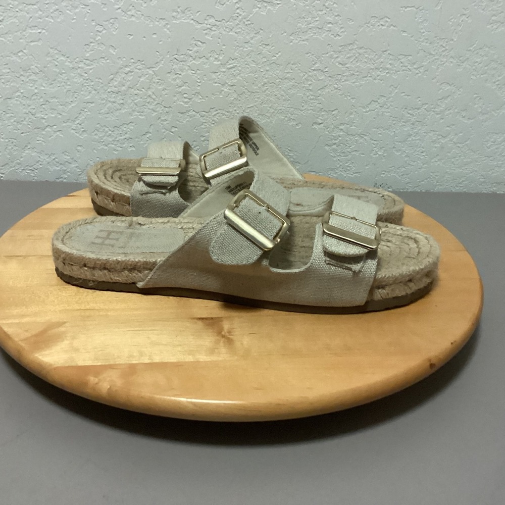 Haute Hippie Canvas Espadrille Flat Sandals Womens 10 Beige Double Buckle Slides - Picture 11 of 11